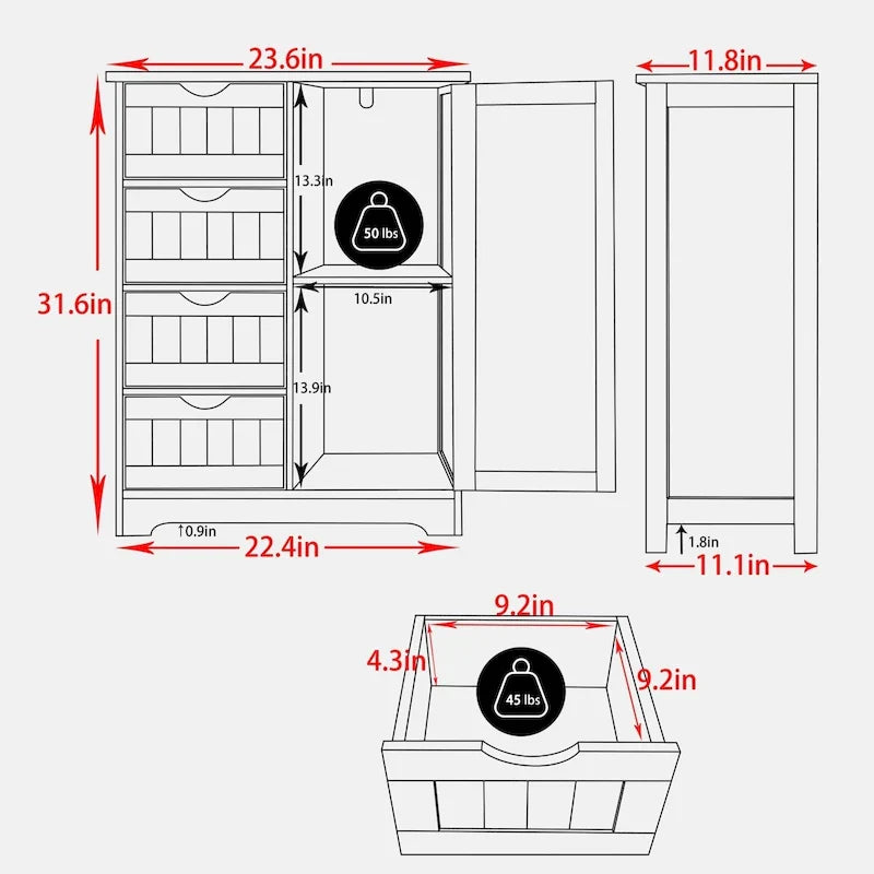 Meuble de rangement bas pour salle de bains VEIKOUS avec 4 tiroirs