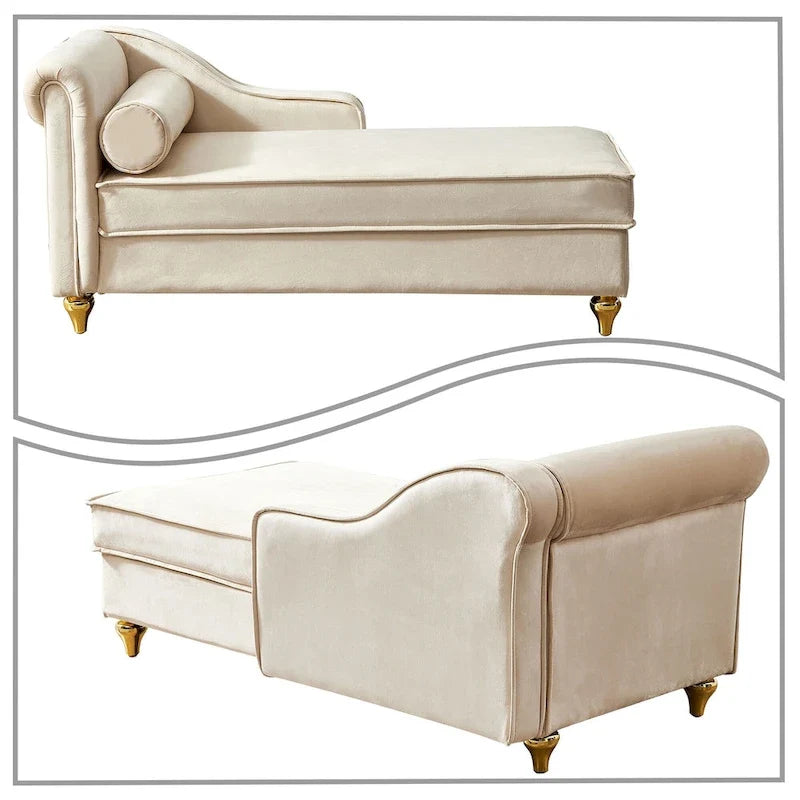 French Elegant Velvet Upholstered Storage Chaise Lounge Chair with a Pillow