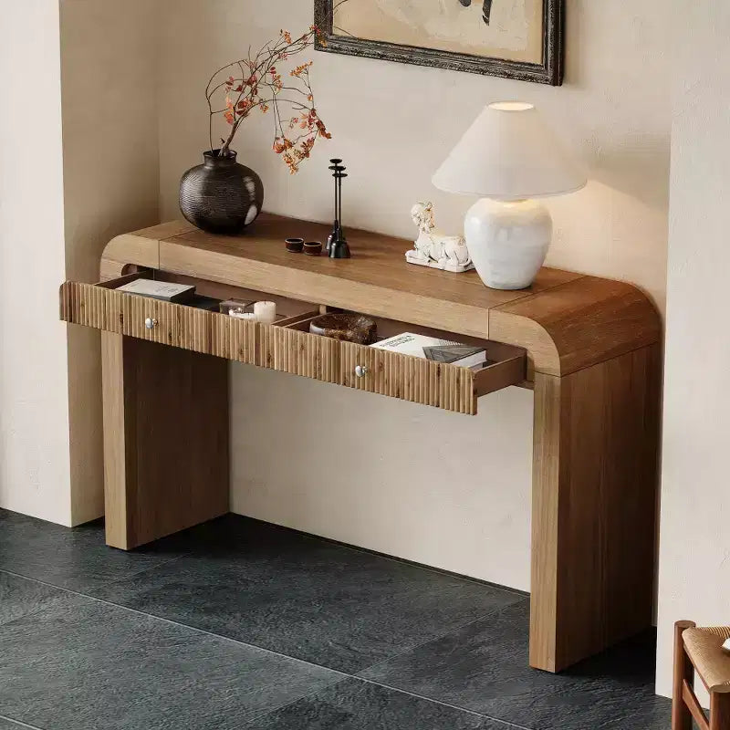 Table console rustique Whisen, table d’entrée et table d’appoint avec façade de tiroir cannelée