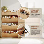 Scarpiera moderna bianca con 3 cassetti ribaltabili, 2 cassetti piccoli e ganci, organizer sottile scanalato per scarpe, mobile stretto per ingresso