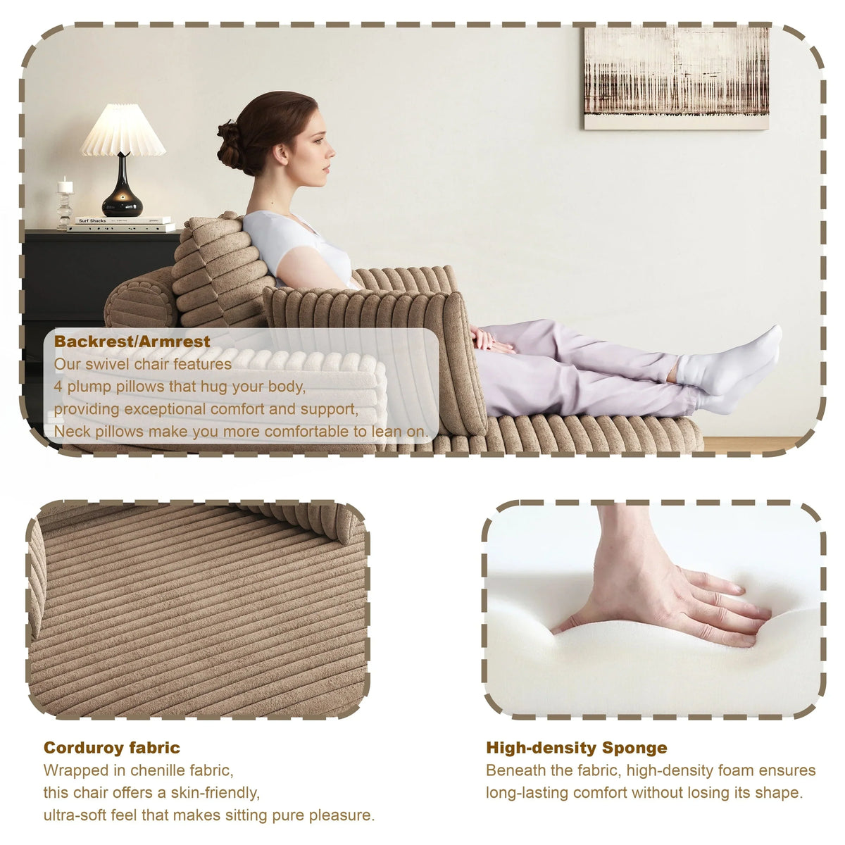 Fauteuil pivotant individuel en mousse et chenille côtelée