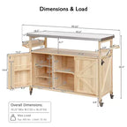 Îlot de cuisine extérieur Okak avec plateau en acier inoxydable, desserte de cuisine en bois avec portes, étagères et porte-épices, îlot de cuisine à roulettes