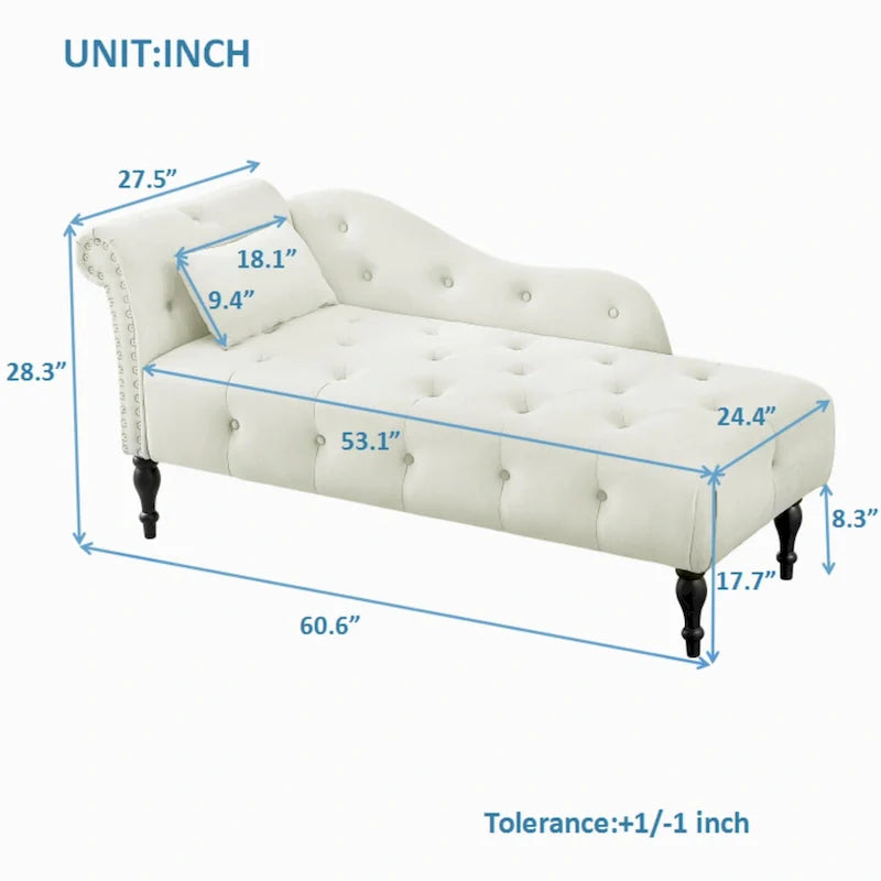 Chaise longue moderna da 60,6" in velluto con bottoni trapuntati, gambe in legno massello e borchie decorative