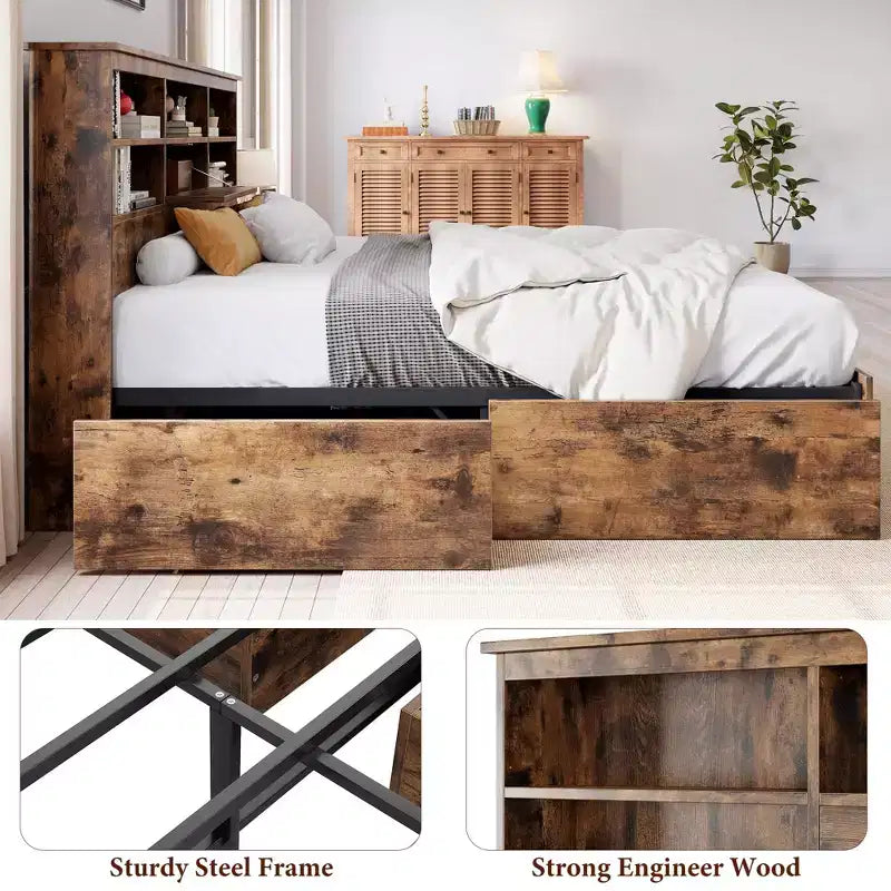 Eenpersoonsbedframe met opberghoofdbord, houten bedframe met 4 laden, boekenkast voor opbergruimte en kingsize platformbed met stevige metalen ondersteuning