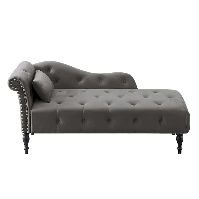Chaise longue moderna da 60,6" in velluto con bottoni trapuntati, gambe in legno massello e borchie decorative