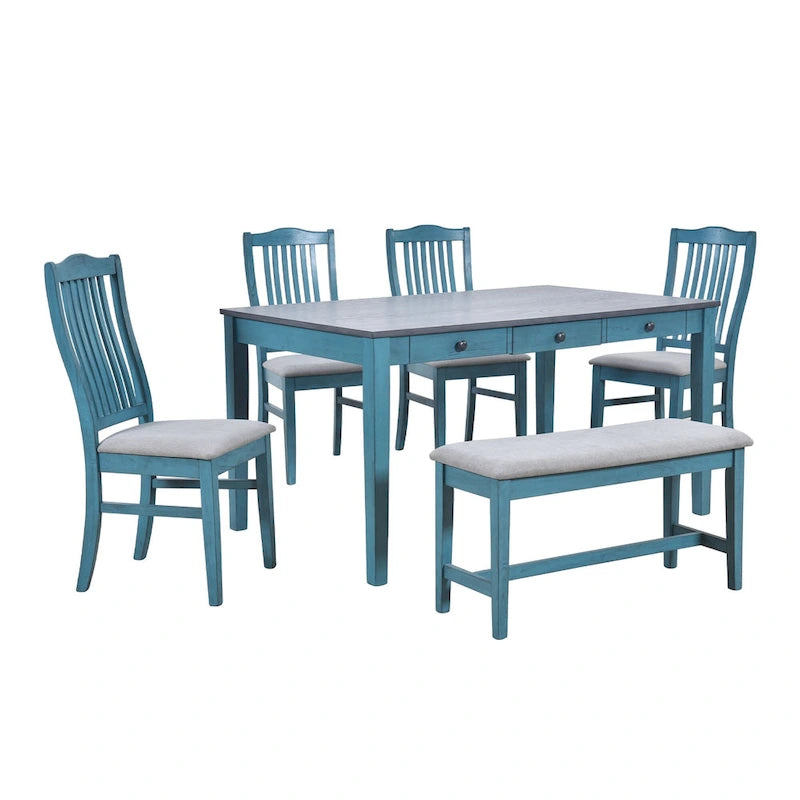 Set da pranzo in legno da 6 pezzi con 4 sedie e panca, tavolo con cassetto