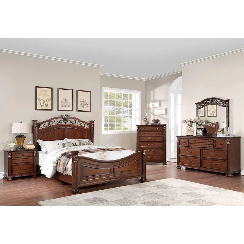 Letto in legno con testiera lavorata color ciliegio scuro