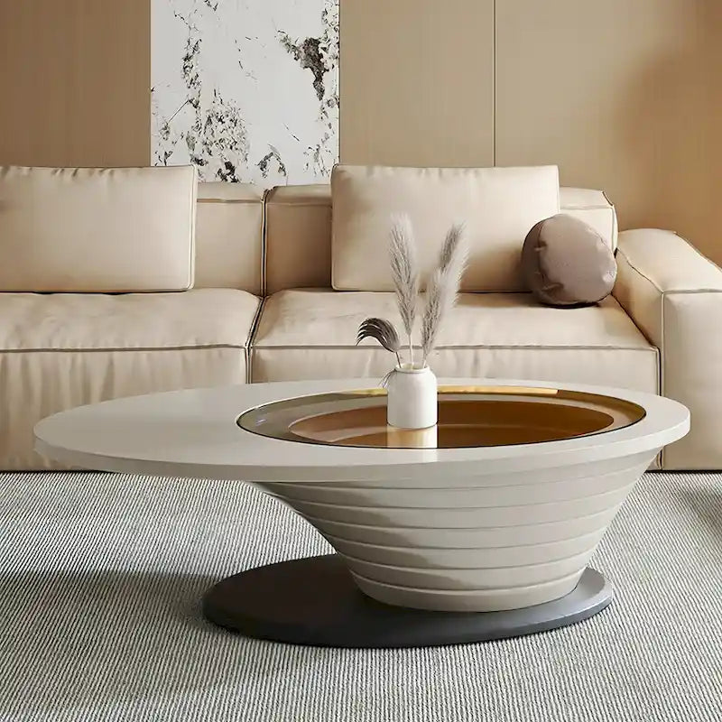 Tavolino da salotto ovale moderno e minimalista di lusso leggero con piano in vetro e base grigia, 51 pollici - L 51.18'W 25.59'H 14.37'