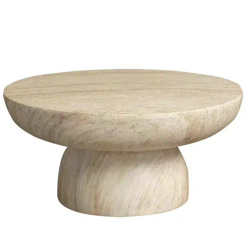 Tavolino da caffè rotondo LeisureMod Lunexa, tavolino decorativo con base a piedistallo in Fiberstone per uso interno o esterno, design scolpito con piedini antiscivolo