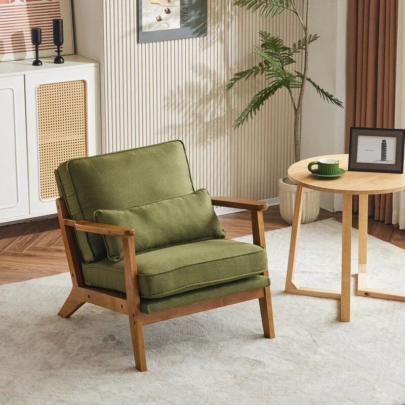Poltrona d’accento imbottita in misto lino con gambe in legno e un cuscino, beige