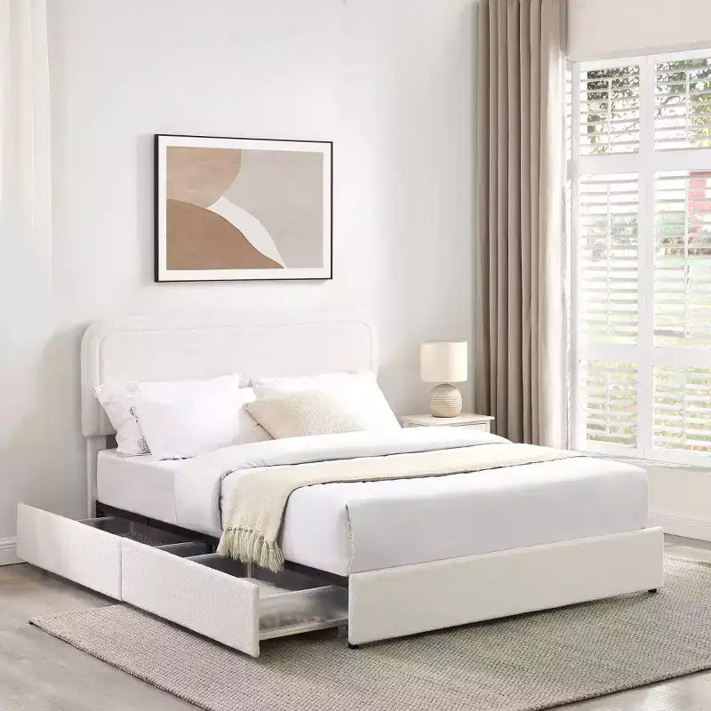 Lit queen-size moderne rembourré en bouclé avec tiroirs de rangement