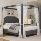 Cadre de lit à baldaquin Queen Size avec poteaux et supports d’angle à 4 coins, lattes en bois massif, sans sommier requis, silencieux