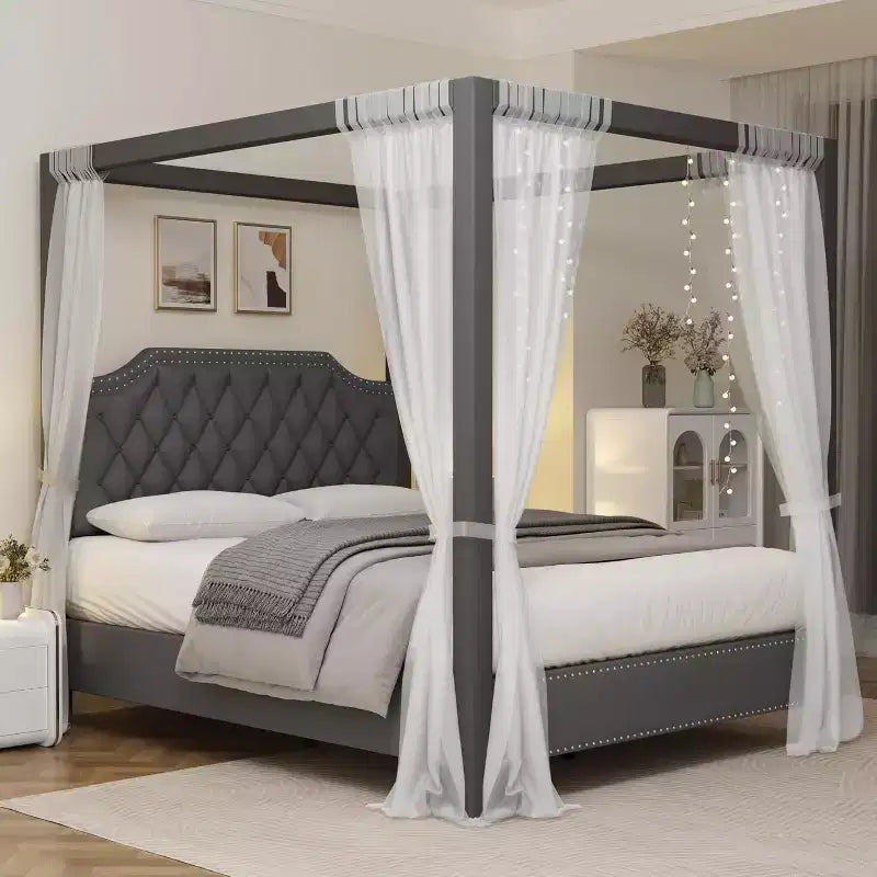 Cadre de lit à baldaquin Queen Size avec poteaux et supports d’angle à 4 coins, lattes en bois massif, sans sommier requis, silencieux