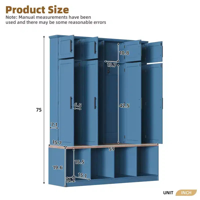 Mobile da ingresso blu in stile rustico The Misty Moon con 4 ganci appendiabiti nascosti e versatile panca in noce con 8 ante