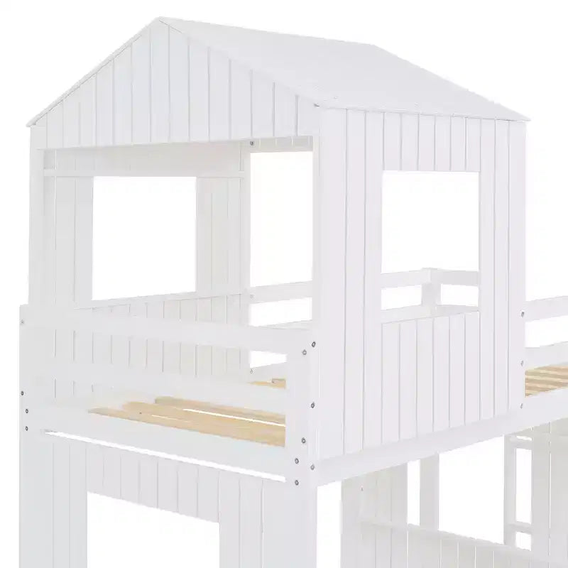 Lit superposé en bois Luxystar avec couchage supérieur une place et inférieur deux places, maisonnette, toboggan et barrières de sécurité