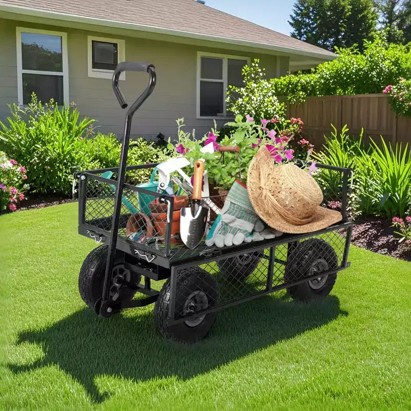 Carrello da giardino in acciaio per carichi pesanti, 500 libbre, carrello multiuso pieghevole con sponde in rete e rivestimento rimovibili, 10 pneumatici e maniglia di traino