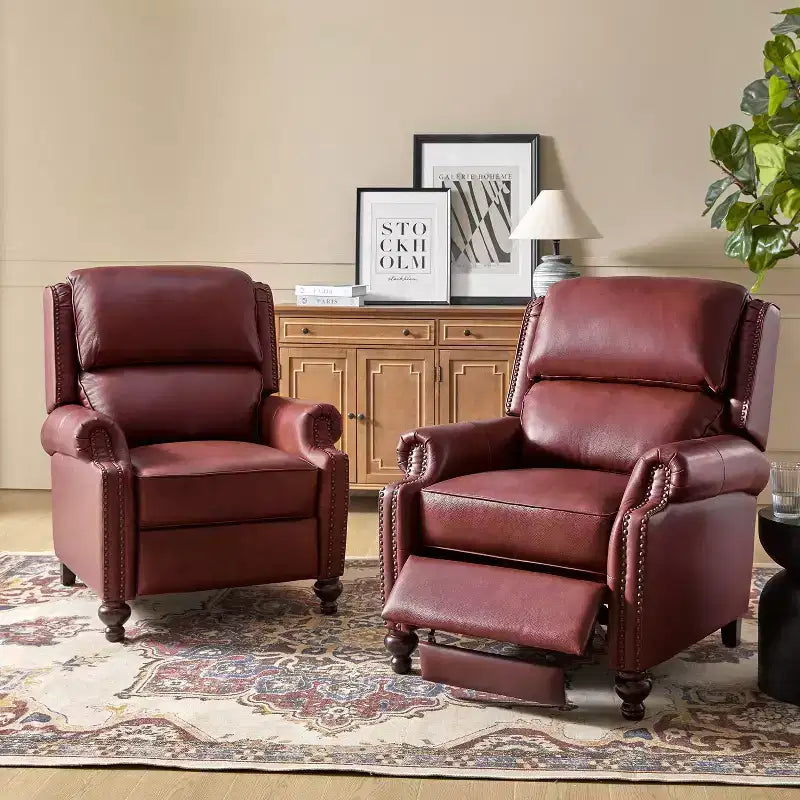 Set di 2 poltrone reclinabili moderne Elisabete con schienale ad ali in vera pelle e borchie decorative vintage per soggiorno e camera da letto| ART OF LIVING DESIGNS