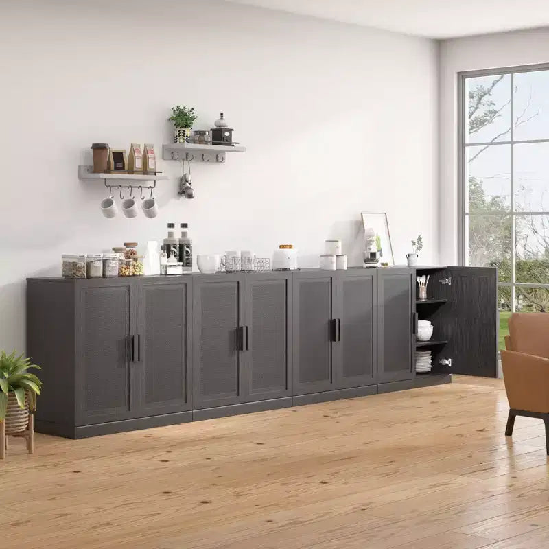 Armoire décorative haute de 62 po à porte en cannage noir, effet grain de bois, avec 12 étagères