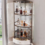 Meuble d’angle de rangement et d’exposition avec plusieurs niveaux, en verre et métal, pour bouteilles de vin