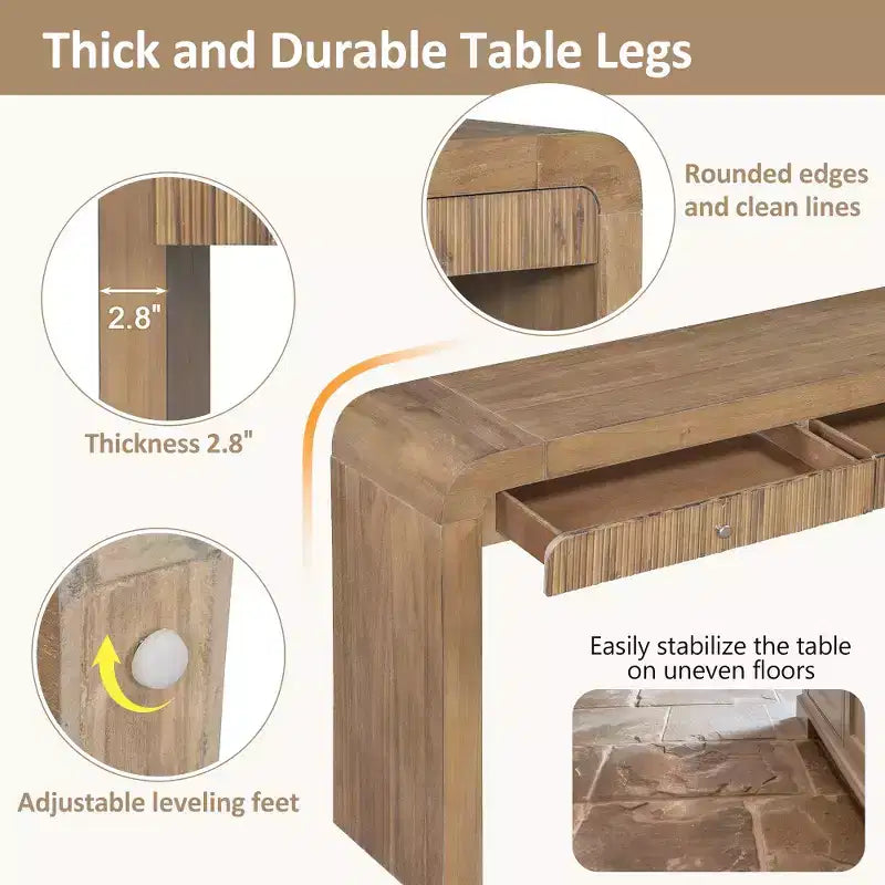 Table console rustique Whisen, table d’entrée et table d’appoint avec façade de tiroir cannelée