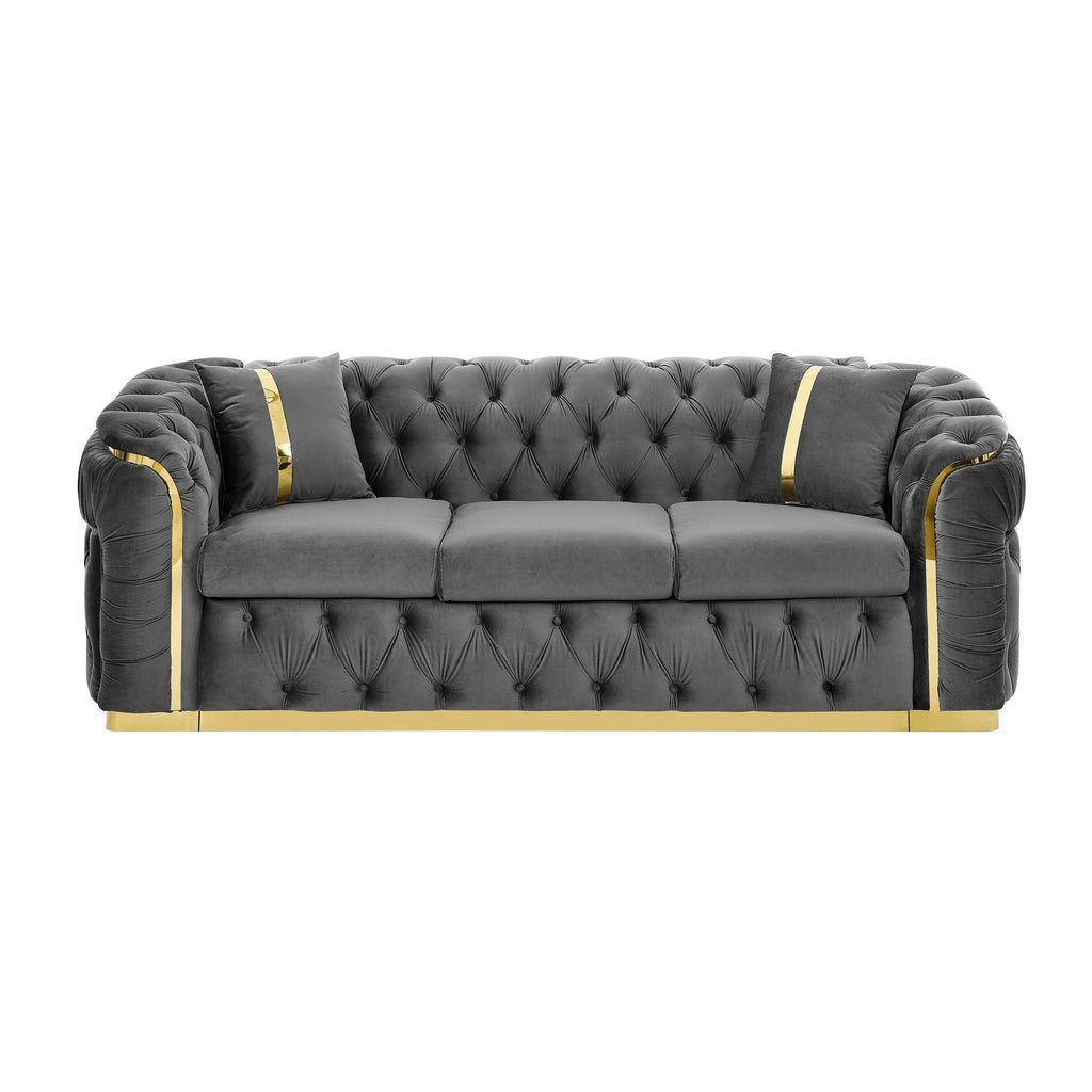 Canapé 3 places en velours de 90,6 avec 2 coussins, coussins haute densité, accents dorés et oreillers