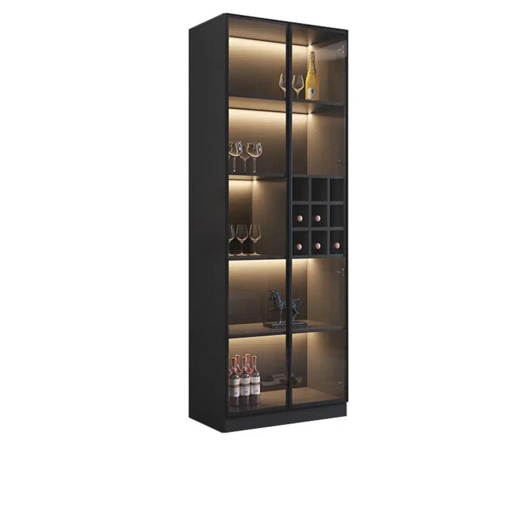 Credenza portabottiglie minimalista in legno nero con anta in vetro