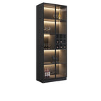 Credenza portabottiglie minimalista in legno nero con anta in vetro