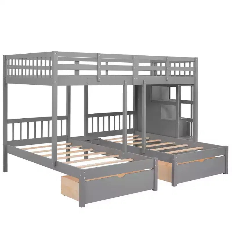 Lit superposé Whisen avec lit double au-dessus de deux lits une place, lit superposé triple en bois avec tiroirs et barrières de sécurité