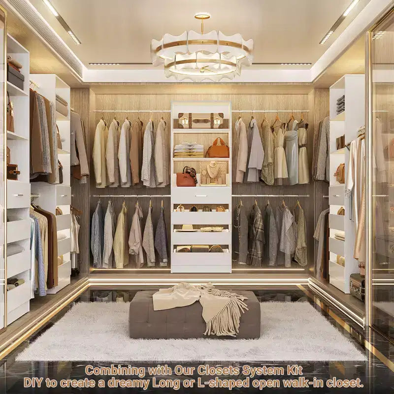 Système d’organisation de dressing en bois Besiost de 4 à 9 pieds avec 4 tiroirs, 4 tringles et des colonnes d’étagères