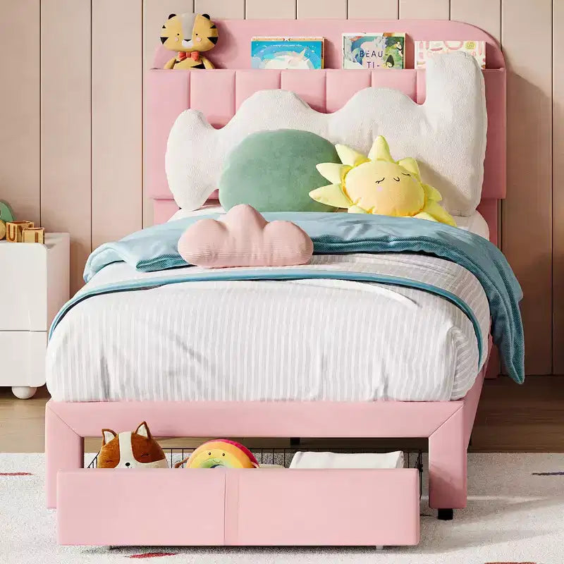 Cadre de lit simple 2 pièces avec tiroirs de rangement et tête de lit, rembourrage en velours, profil bas, silencieux, montage facile, rose