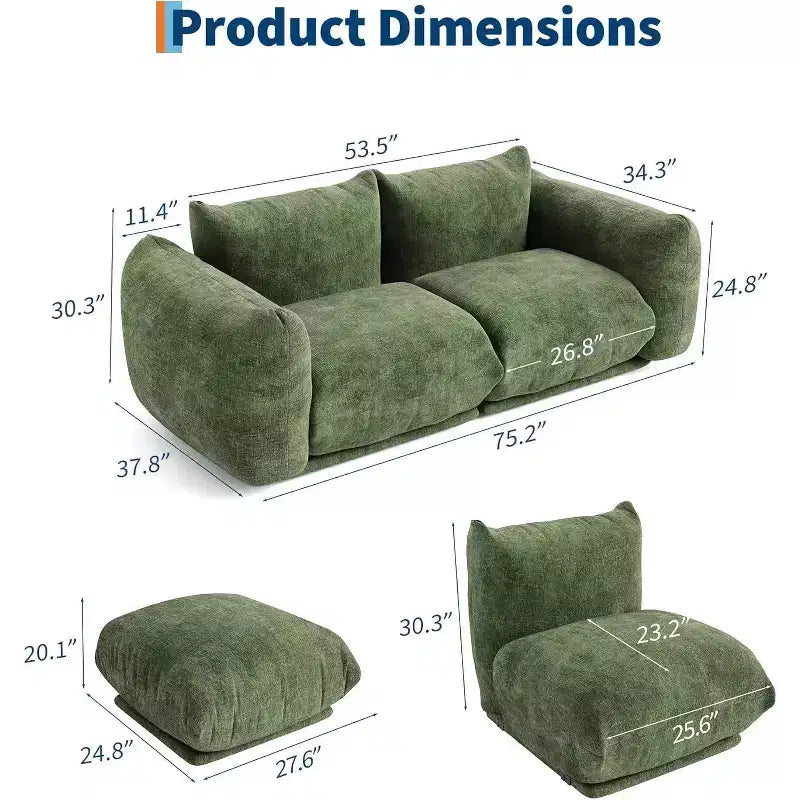Divano modulare a due posti in tessuto chenille, divano nuvola a 2 posti con schiuma altamente elastica, divano senza struttura per piccoli spazi