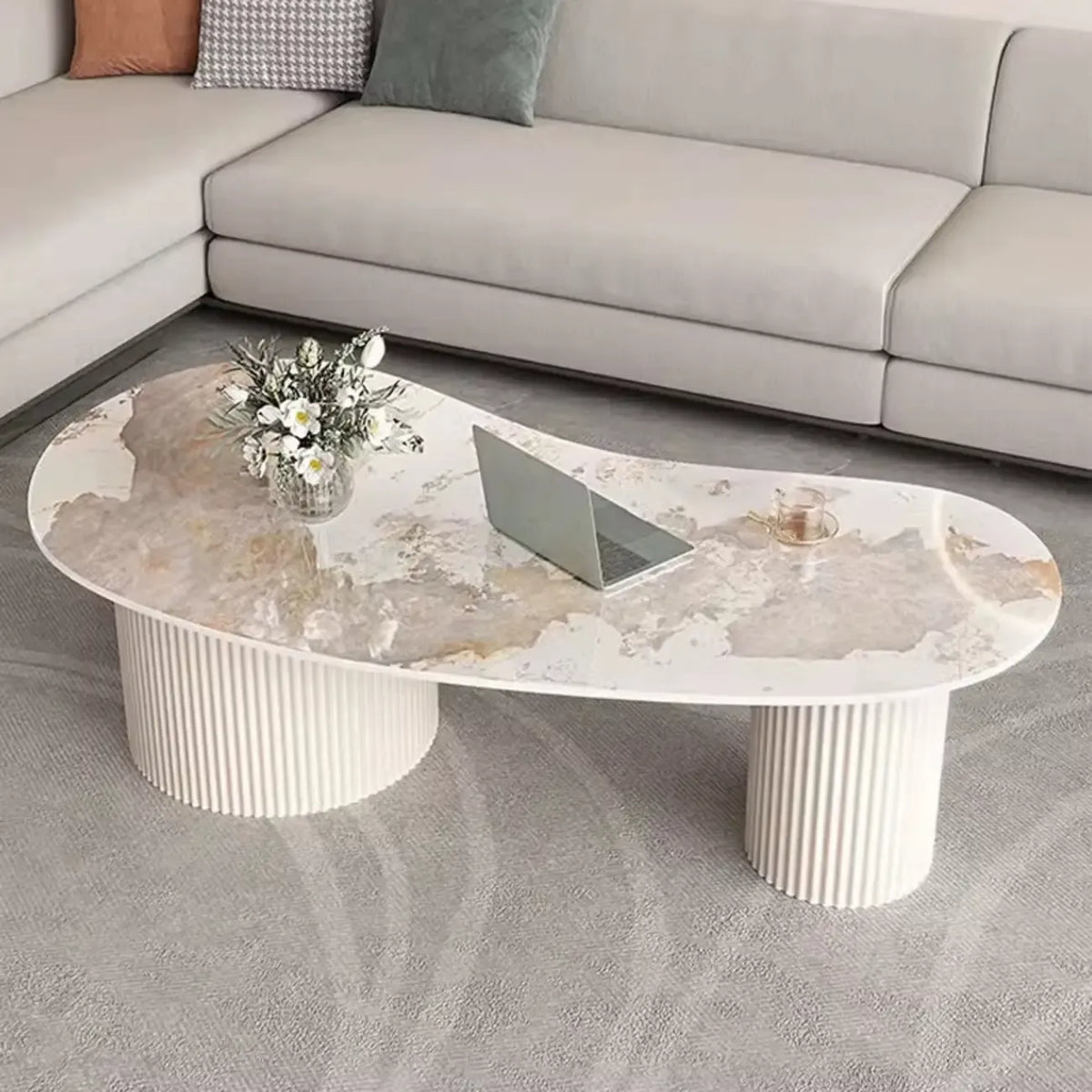 Table basse ovale blanche standard minimaliste avec 2 tiroirs