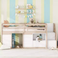 Letto soppalcato singolo Okak in legno massello con scale e spazio contenitore, letto a castello singolo basso con cassetti e ripiani, letto soppalcato multifunzionale per bambini e ragazzi