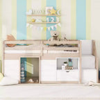 Letto soppalcato singolo Okak in legno massello con scale e spazio contenitore, letto a castello singolo basso con cassetti e ripiani, letto soppalcato multifunzionale per bambini e ragazzi