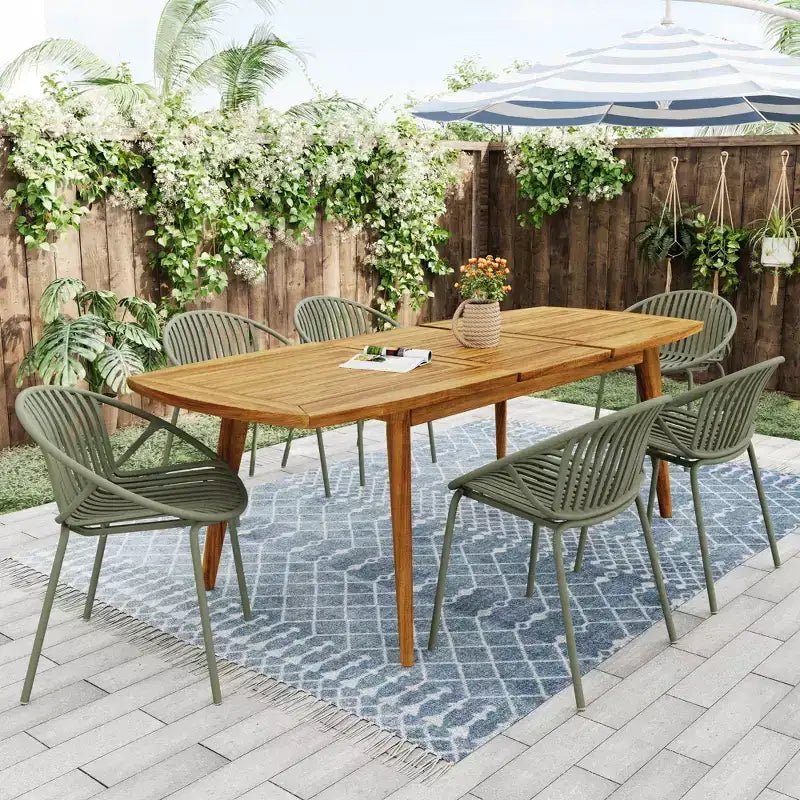 Ensemble de salle à manger de patio extérieur extensible de 7 pièces avec chaises empilables et table en bois d’acacia