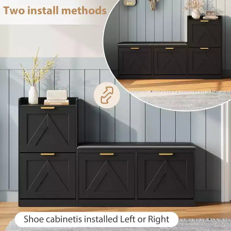 Meuble à chaussures de style maison de campagne avec banc, 4 tiroirs basculants, organisateur de rangement pour chaussures d’entrée avec assise rembourrée confortable, banc à chaussures autoportant