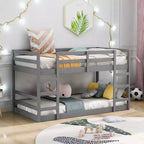 Low Bunk Bed , Wooden Floor Bunk Bed with Ladder, Bunk Bed with Full Guardrails