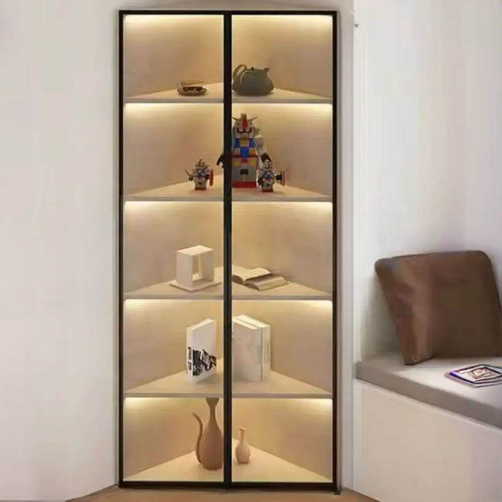 Mobile angolare moderno da esposizione in metallo e legno grigio con anta in vetro