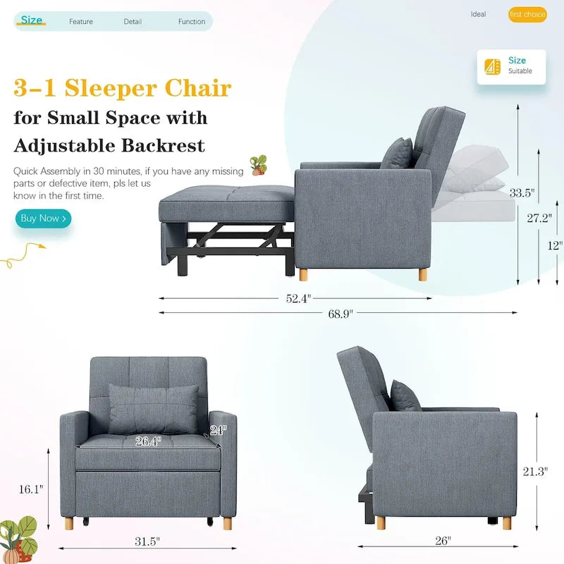 Poltrona divano letto 3 in 1 AECOJOY con cuscino e schienale convertibile