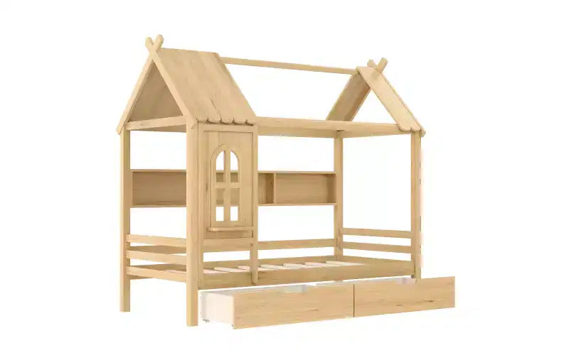 Haus-Hochbett mit Aufbewahrungsschubladen und Fenster, Rahmen aus Massivholz mit Regalen, kindlich-verspieltes Design, helles Weiß