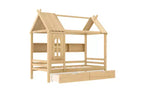 Haus-Hochbett mit Aufbewahrungsschubladen und Fenster, Rahmen aus Massivholz mit Regalen, kindlich-verspieltes Design, helles Weiß