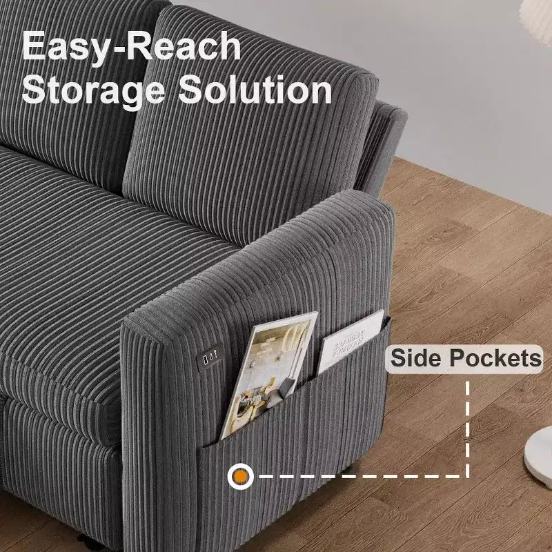 Dyonery 81-Sitzer-Schlafsofa, L-förmiges Ausziehsofa mit wendbarer Recamiere mit Stauraum, USB-Anschluss und verstellbarer Rückenlehne