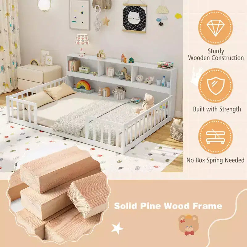 Letto a pavimento Montessori Twin/Full con libreria, ripiani contenitore e sponde di sicurezza, bianco/grigio