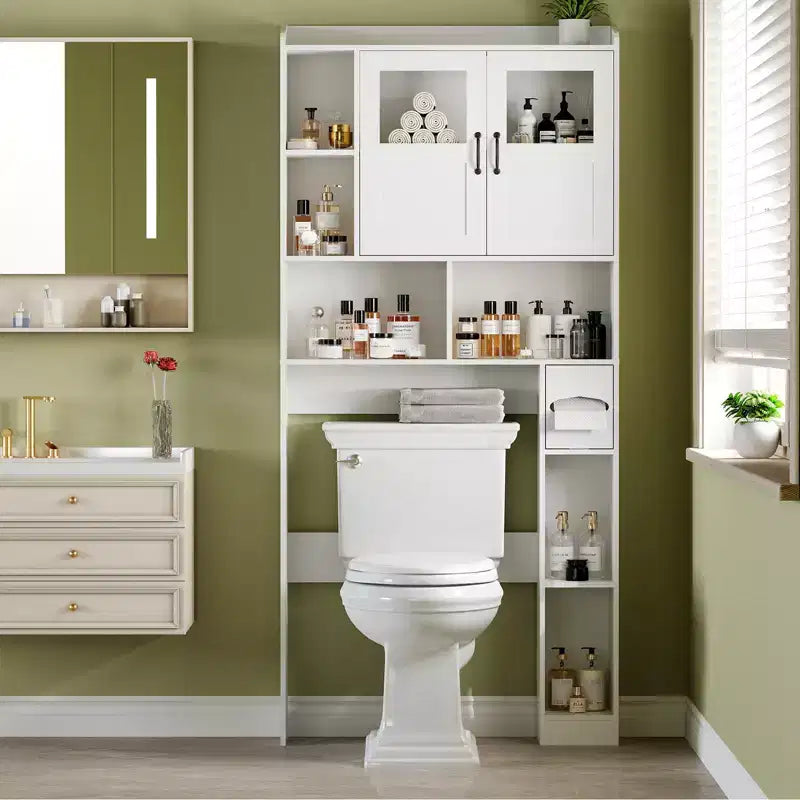 Mobile contenitore sopra il WC - 67,4 pollici di altezza, organizzatore e contenitore da bagno in stile rustico con ripiano regolabile e anta in vetro per bagno e lavanderia