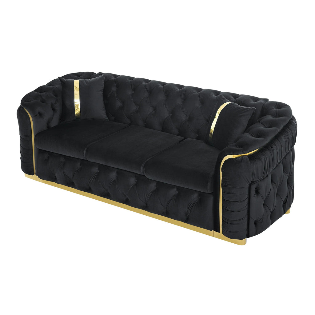 Canapé 3 places en velours de 90,6 avec 2 coussins, coussins haute densité, accents dorés et oreillers