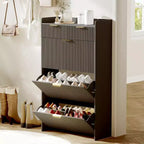 Scarpiera moderna bianca con 3 cassetti ribaltabili, 2 cassetti piccoli e ganci, organizer sottile scanalato per scarpe, mobile stretto per ingresso