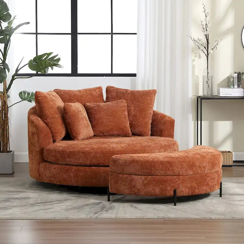 Fauteuil tonneau moderne rond avec 5 coussins et pouf en option