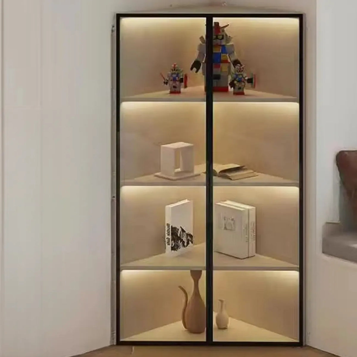 Mobile angolare moderno da esposizione in metallo e legno grigio con anta in vetro