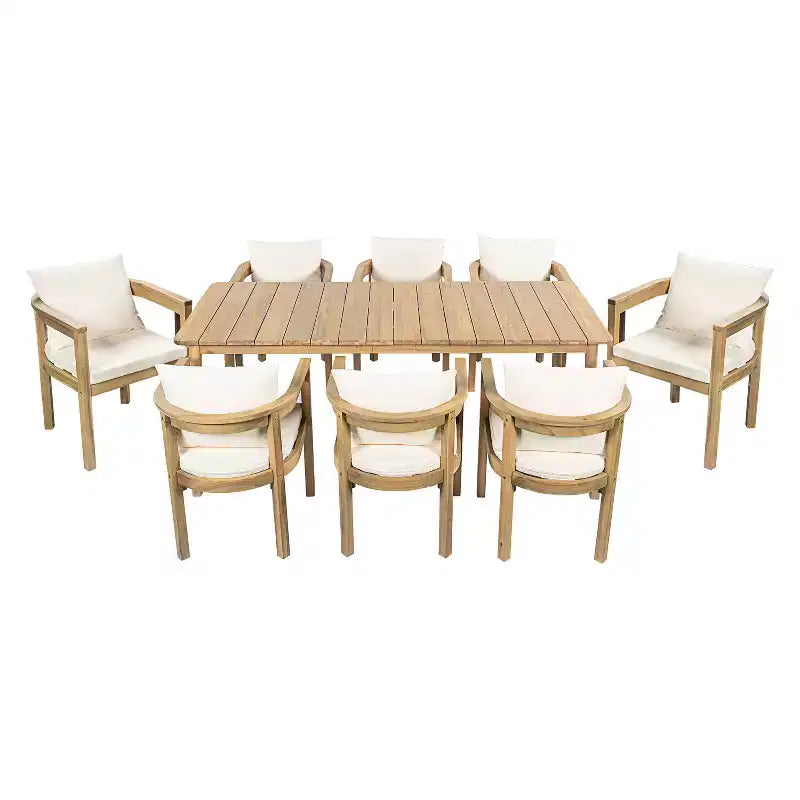 Christopher Knight Home Irene Ensemble repas d’extérieur rustique de 9 pièces en bois d’acacia, avec chaises à dossier incurvé et coussins
