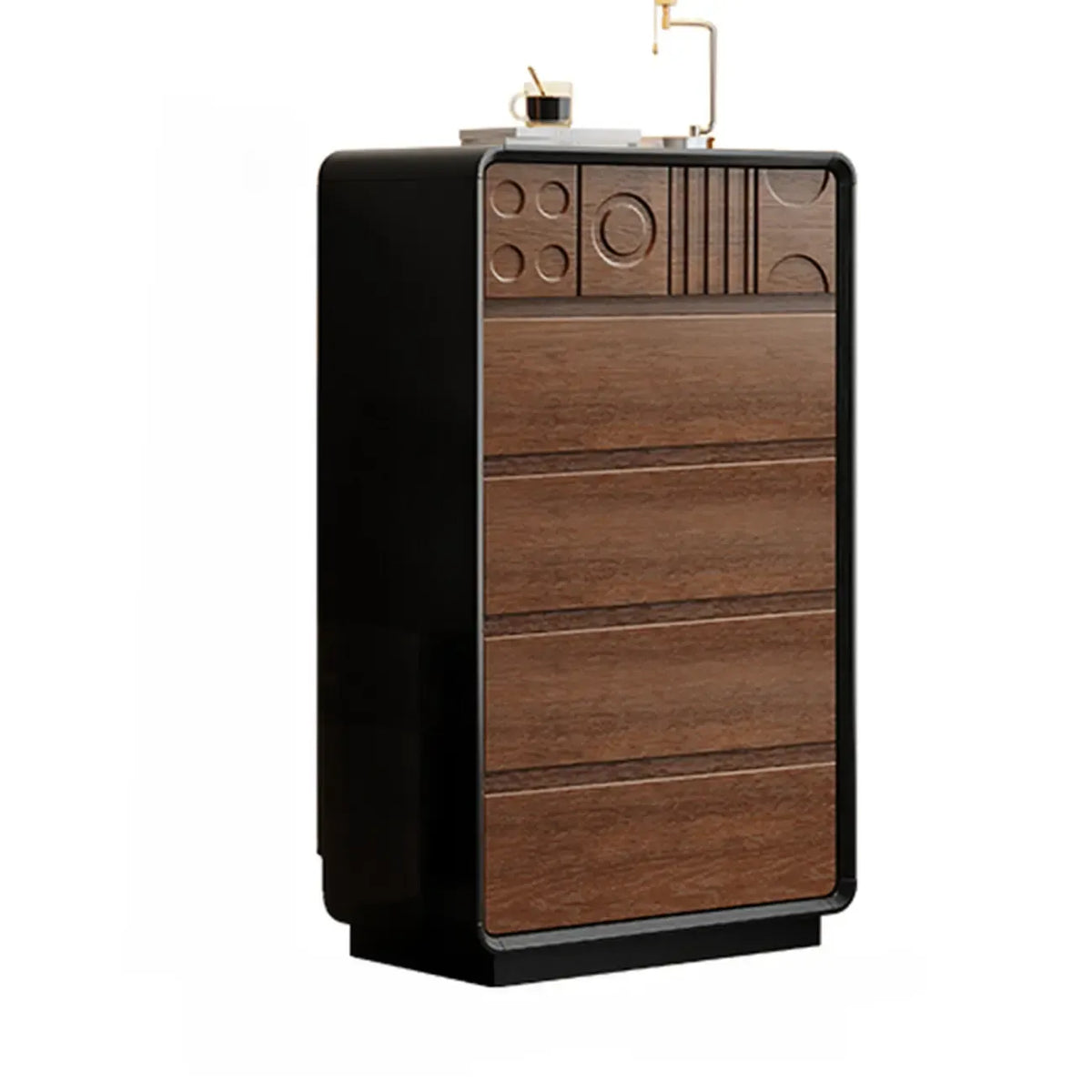 Commode en bois inspirée de l’Art déco avec motifs géométriques sculptés
